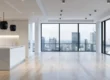 Modern studio floor plan with wood floors, city views, and marble island in Scottsdale, AZ