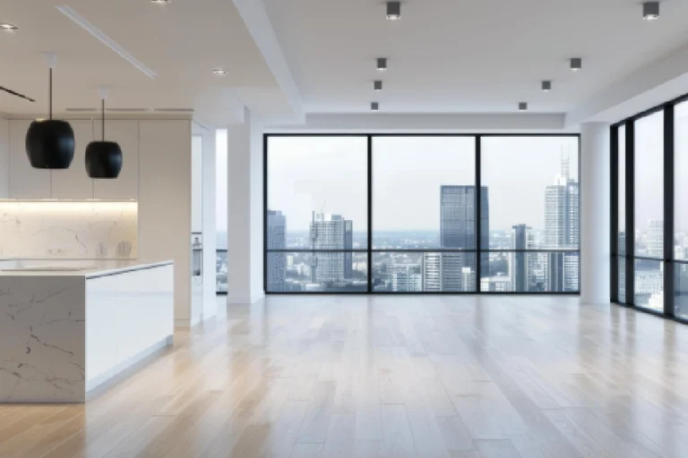 Modern studio floor plan with wood floors, city views, and marble island in Scottsdale, AZ