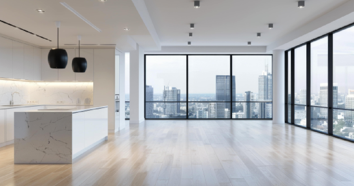 Modern studio floor plan with wood floors, city views, and marble island in Scottsdale, AZ